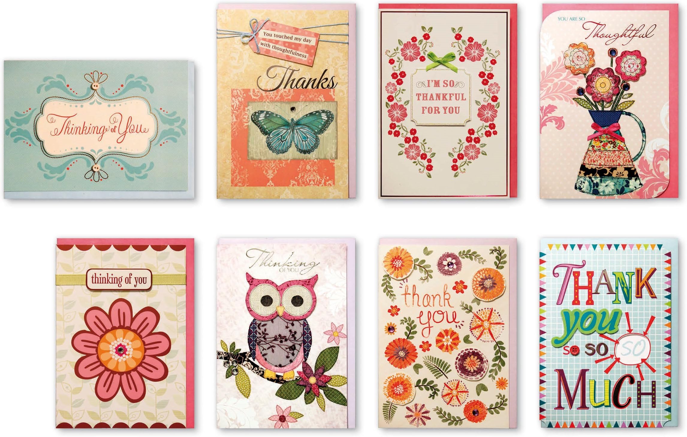 Assorted 8 Pack Handmade Embellished Thank You, Thinking of You, Thanks, and Thoughtful Greeting Cards Boxed Set of 8 Design for him or for her