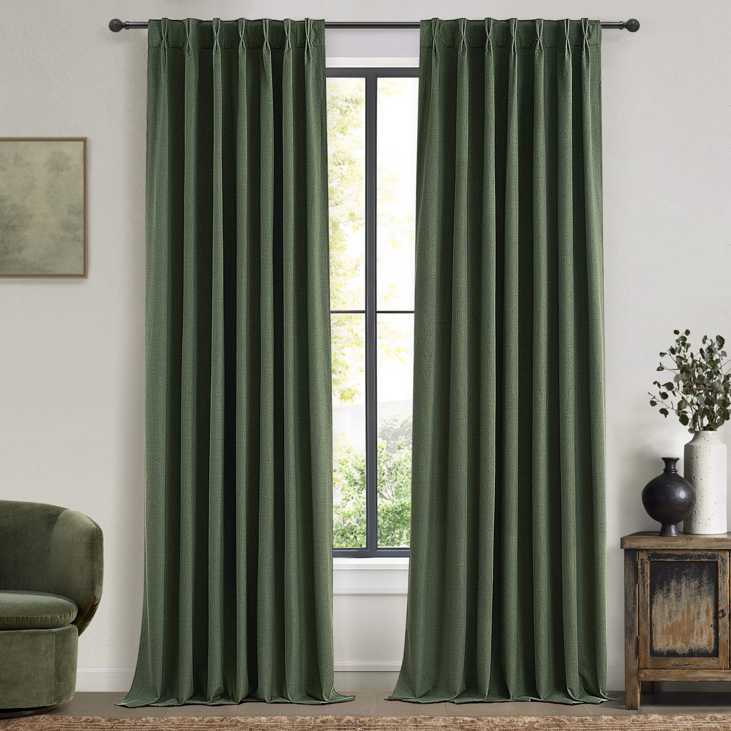 Dark Academia Decor Olive Green Textured Blackout Curtains Panels 108 Inches Lengh Large Window ...