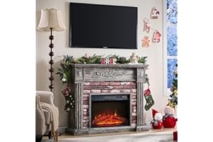 AITJUNZ 43" Electric Fireplace with Mantel, Electric Fireplace Heater, TV Stand w/Freestanding Electric Fireplaces, Stacked Stone Surround, Remote Control, Adjustable Flame Level for Living Room-Light Grey