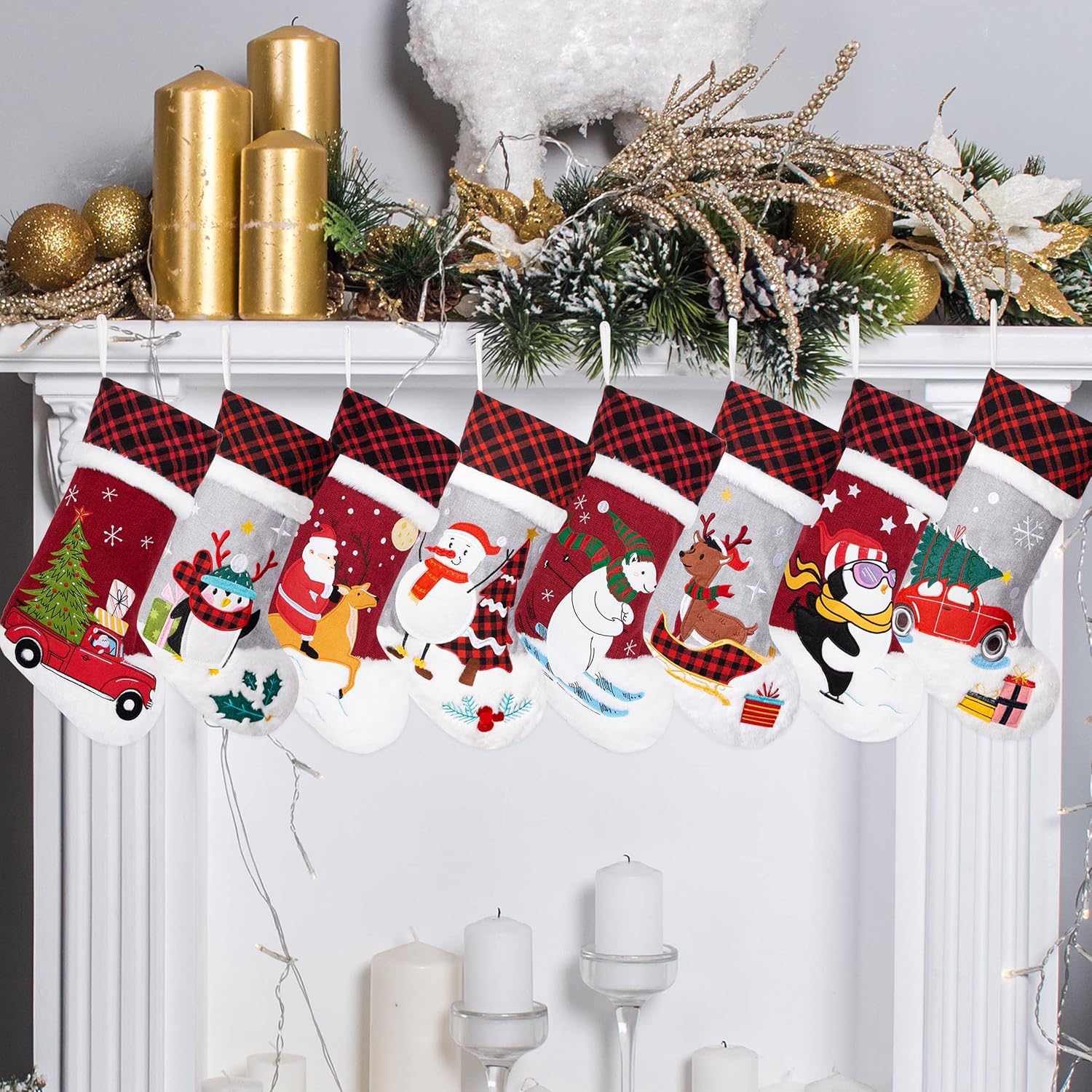 Stockings & Holders - LUBOT 8 Pack Christmas Stockings (20inch) Embroidered Linen Applique Burlap Buffalo Red Plaid with Soft Faux Fur Fireplace Hanging for Family Decorations Xmas Gift