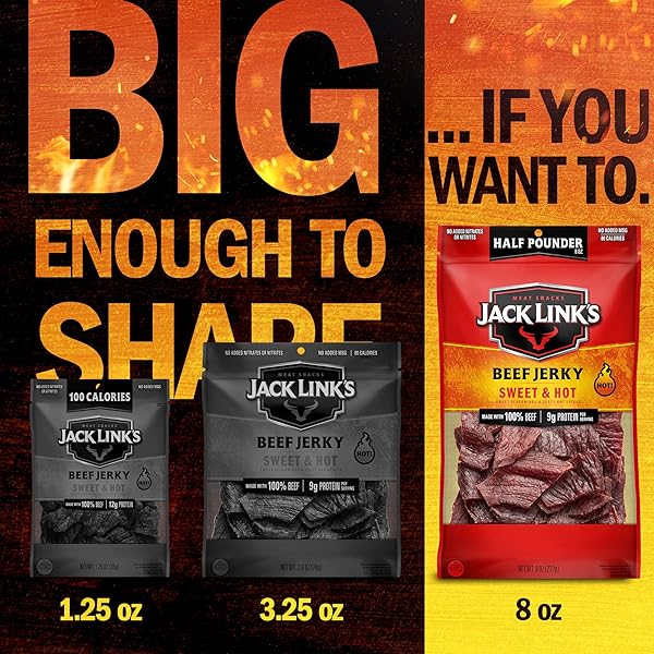 JACK LINK’S BEEF JERKY, SWEET & HOT, HALF POUNDER LARGE JERKY BAG – FLAVORFUL MEAT SNACK, READY TO EAT PROTEIN SNACKS WITH 9G OF PROTEIN PER SERVING, MADE WITH 100% BEEF
