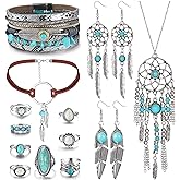 HAIAISO Western Jewelry For Women Turquoise Pendant Necklace Western Drop Dangle Earrings Turquoise Faux Leather Layered Bracelets Boho Knuckle Rings Set Bohemian Turquoise Jewelry Set