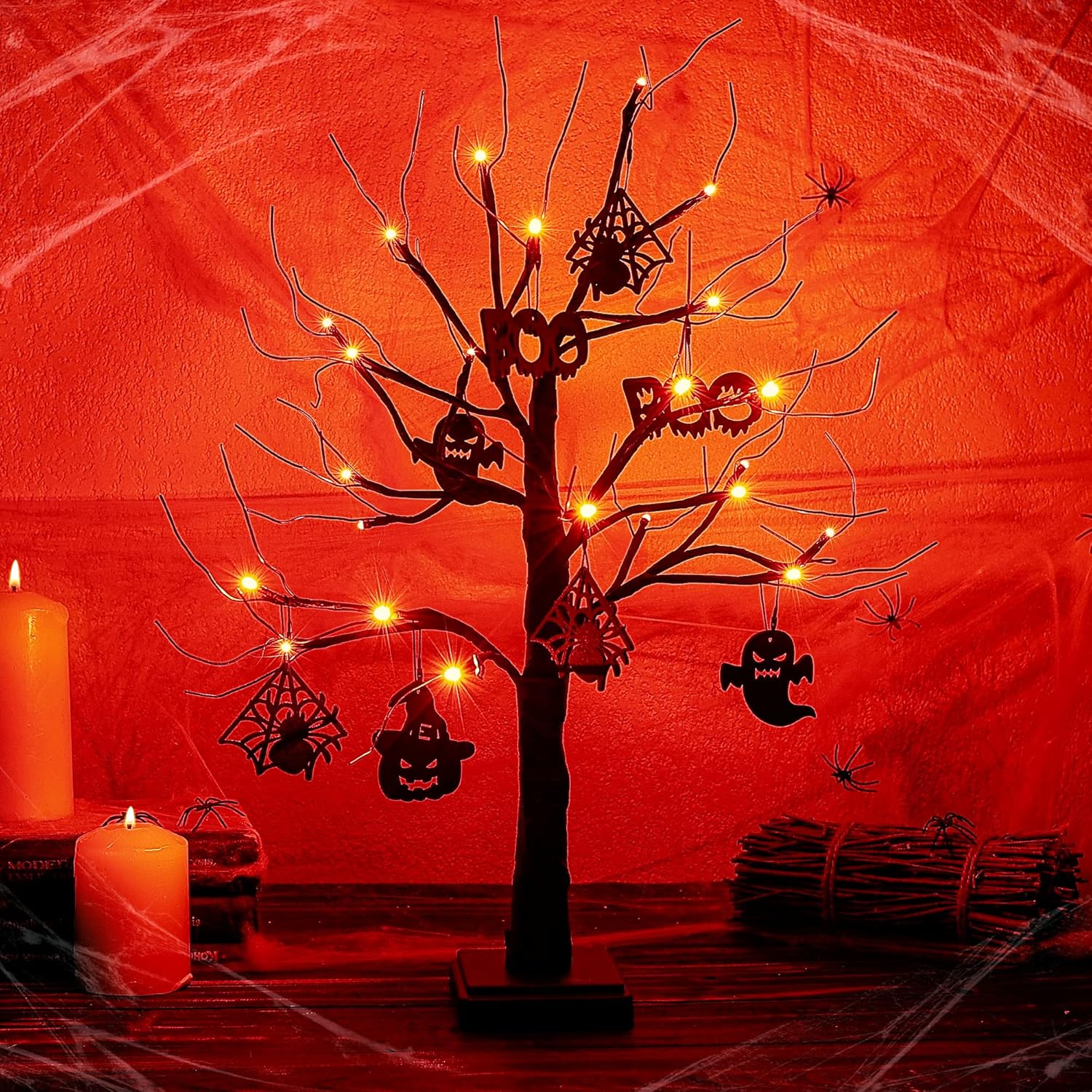 Trees - Woohaha 2FT 24 LED Light Up Tree Tabletop Lighted Halloween Tree Battery Operated Halloween Table Lights Tree with 8 Pieces Black Wooden Ornaments for Indoor Home Bedroom Halloween Fall Decor(Orange)