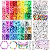 Gionlion 4200Pcs Pony Beads for Bracelet Making Kit, 48 Colors Kandi Beads Bracelet Kit, 2500pcs Rainbow Candy, 1700pcs Friendship Letter Bead with 20 Meter Elastic Strings for Jewelry Making