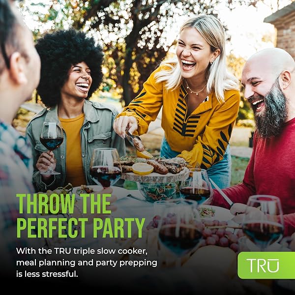 TRU TRIPLE BUFFET SERVER – THREE 2.5 QUART REMOVABLE CROCK INSERTS – SLOW COOKER & FOOD WARMER WITH INDIVIDUAL HEAT CONTROL – INCLUDES LID RESTS & SERVING SPOONS