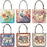 India Tote Bag for Diwali, Handmade Embroidery Elephant Peacock Bag, 6 Pcs | Navratri Indian Return Gifts, Diwali Reusable Canvas with Gold Thread, Bhaidooj Dussehra housewarming tote Gifts