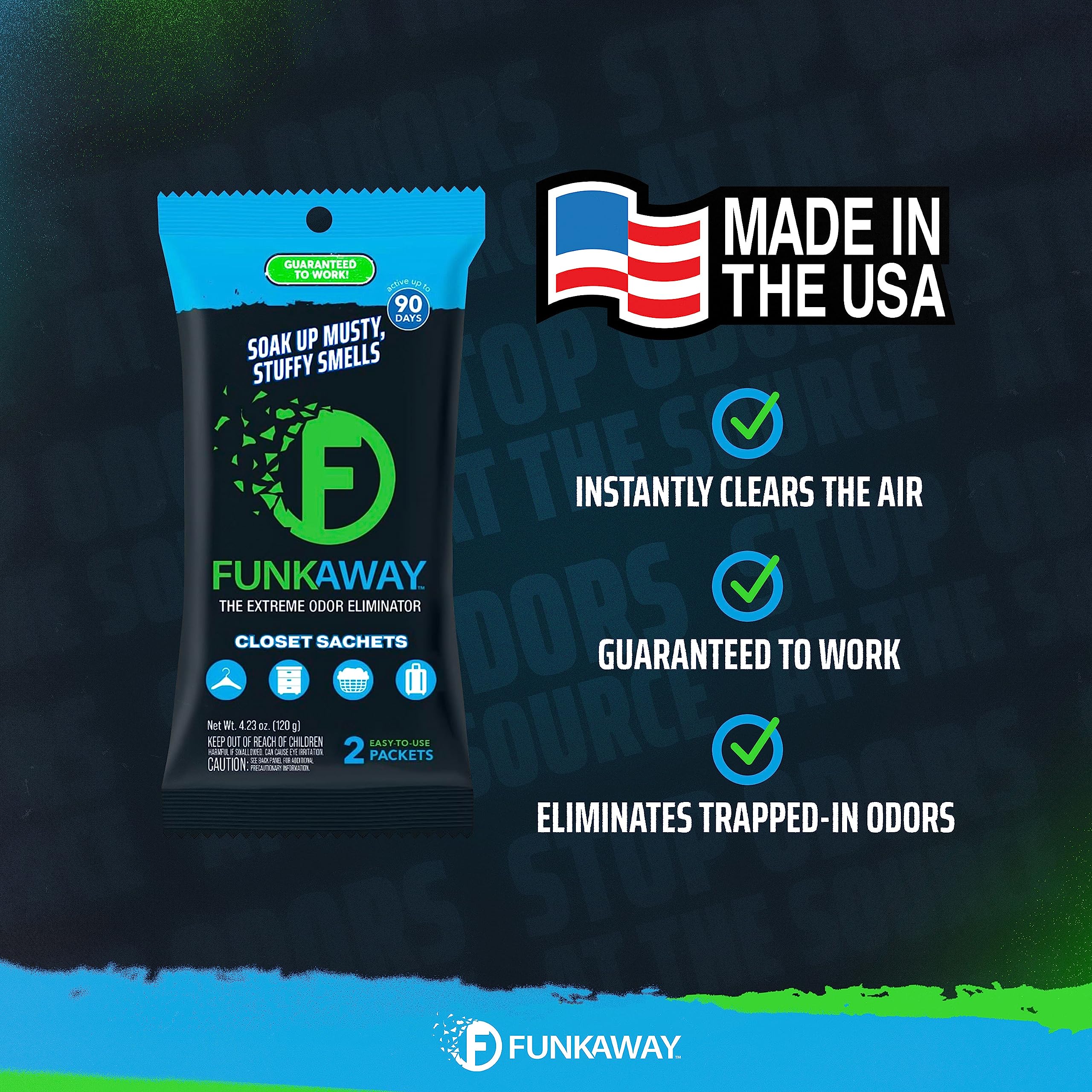 FunkAway Extreme Odor Eliminating Closet Sachet, Odor Absorbing Packet Ideal for Closets, Drawers, Hampers, Attics and Storage Spaces, Fresh Smell for Up to 90 Days