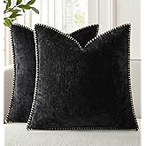 decorUhome Spring Chenille Soft Cozy Throw Pillow Covers 20x20 Set of 2, Modern Farmhouse Boho Velvet Decorative Pillow Cases with Stitched Edge for Couch Sofa Bed Home Decor, Black
