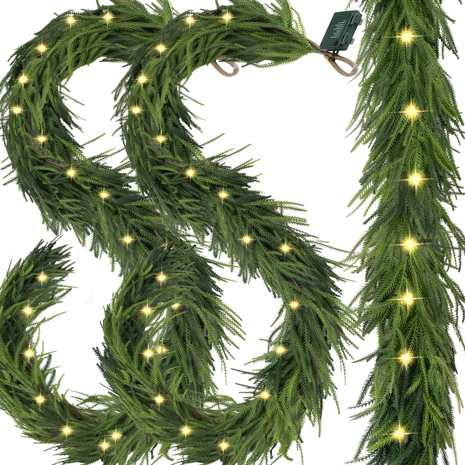 Photo 1 of 2 Pcs Pre- Christmas Garland Decorations,9 FT Faux Led Norfolk Pine Garland Artificial Realistic, Real Touch Greenery Christmas Pine Garland for Mantle Table Front Door Indoor Outdoor Holiday Decor
