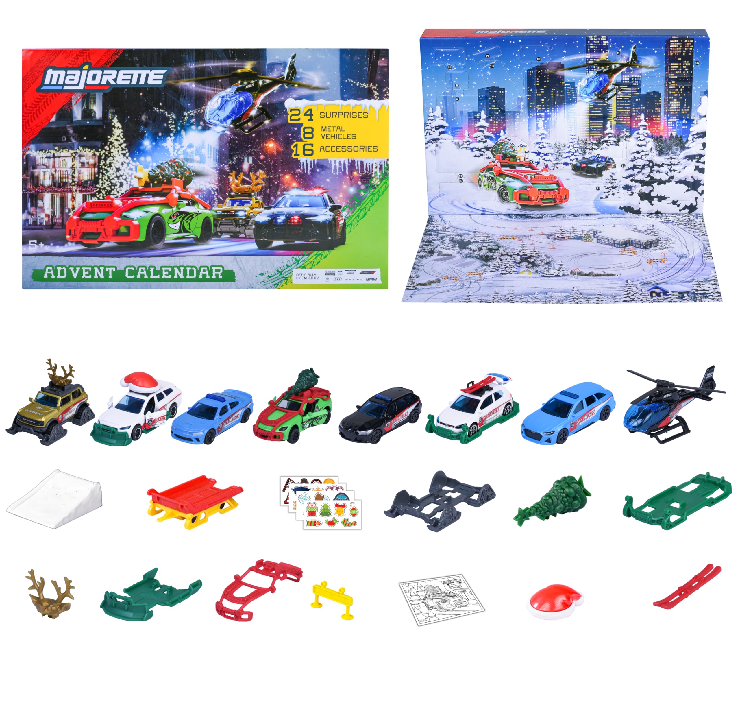 Majorette Auto Adventskalender 2025 für Kinder ab 5 Jahre - Weihnachtskalender mit 8 Spielzeugautos aus Metall und 16 Zubehör-Teilen - 24 Fenster mit Spielzeug-Befüllung inkl. Spielfläche