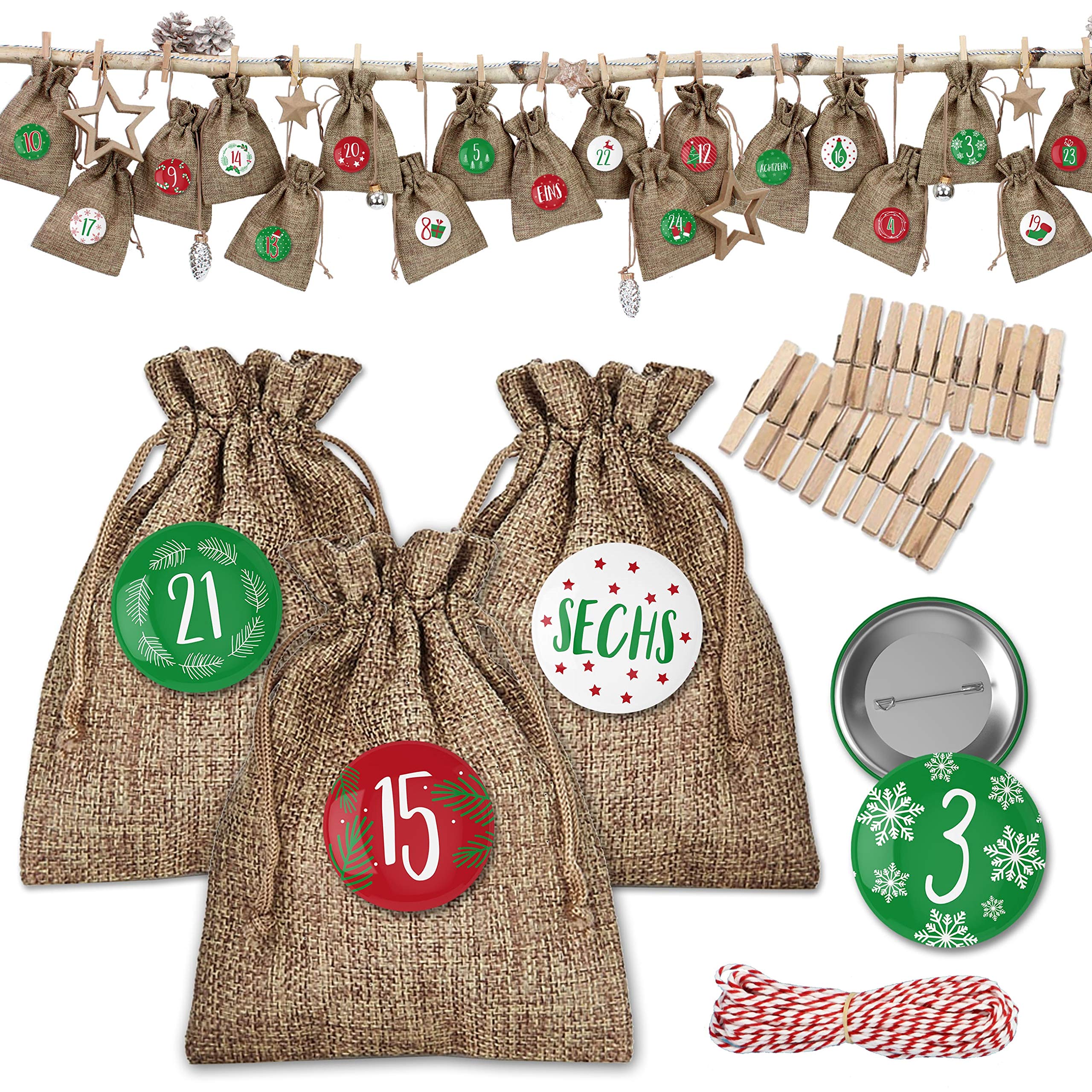 Papierdrachen 24 Advent Calendar Fabric Bags for Filling – Classic Christmas Calendar – Fabric Bag for Decorating and Crafts – Gift Bag – Jute – Red/Green – Number 21