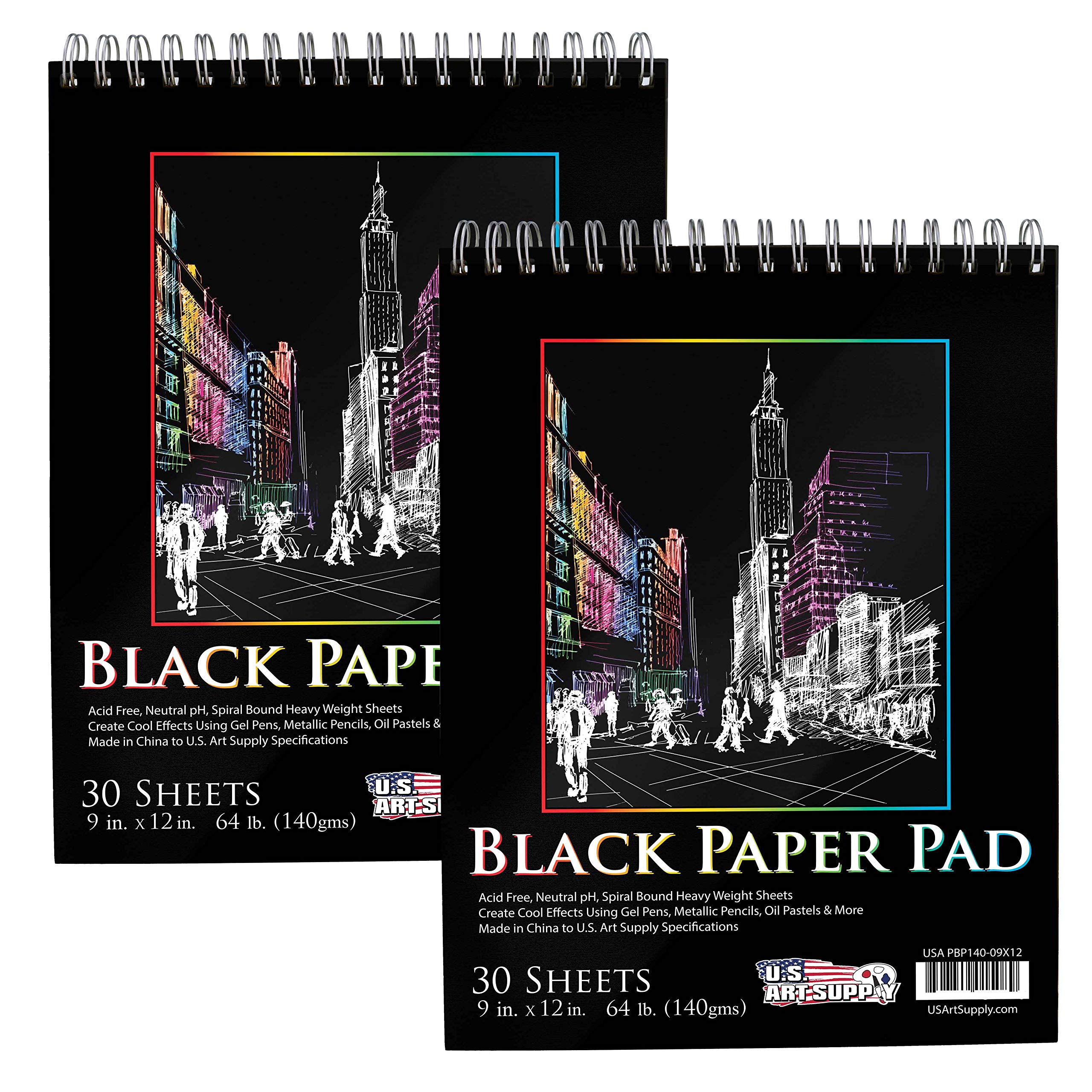 U.S. Art Supply 9x12 Premium Heavy-Weight Black Paper Sketchbook, 64lb (140gsm), 2 Pack, 30 Sheets, Spiral Bound, Black Paper Notebook for Colored Pencil, Markers, Oil Pastels, Chalk, Charcoal