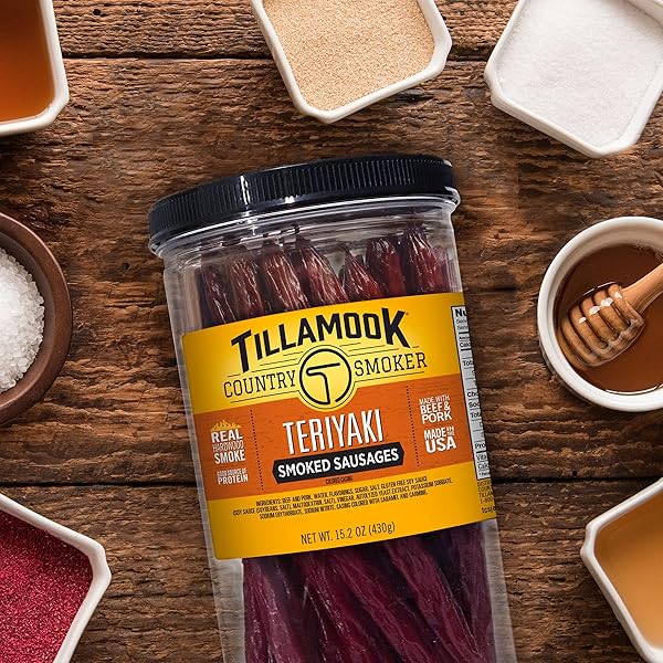 TILLAMOOK COUNTRY SMOKER REAL HARDWOOD SMOKED SAUSAGES, TERIYAKI, 15.2 OUNCE TALL JAR, 20 COUNT
