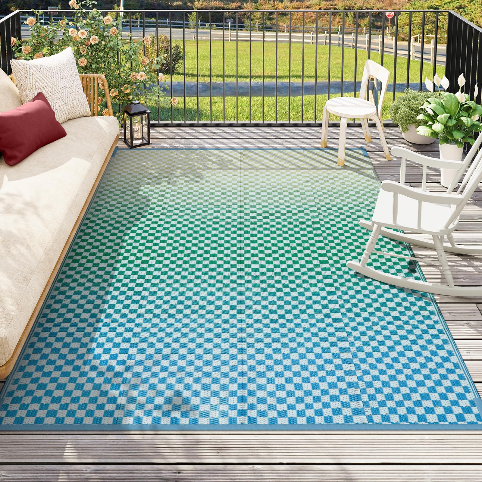 Photo 1 of Wonnitar 8x10 Waterproof Outdoor Rugs - Blue Yellow Ombre Checkered Patios Rug, Large Reversible Plastic Straw Mat for Camping RV Balcony, Portable Colorful Outdoor Deck Rug