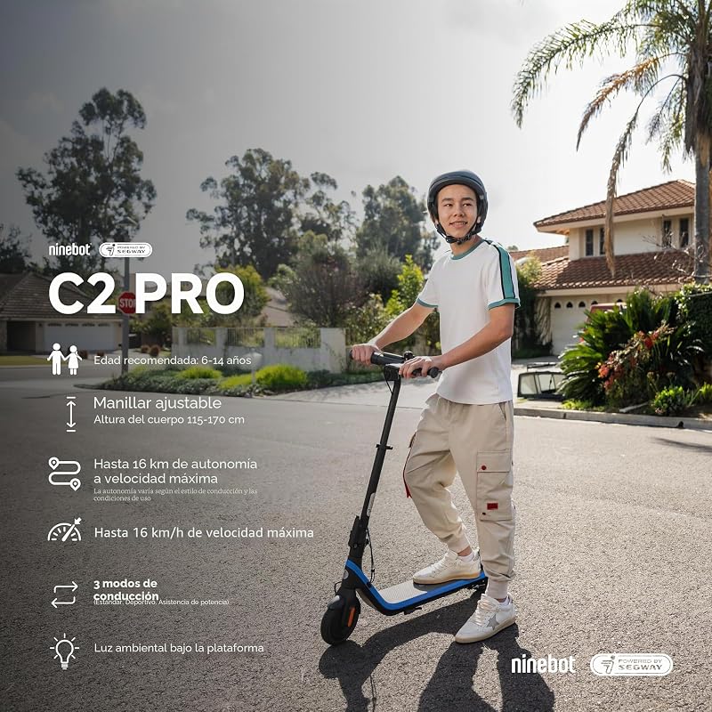 C2 Pro E, Patinete Eléctrico para niños y Adolescentes, máximo 16 km/h, 17 km de autonomía, 3 Modos de conducción