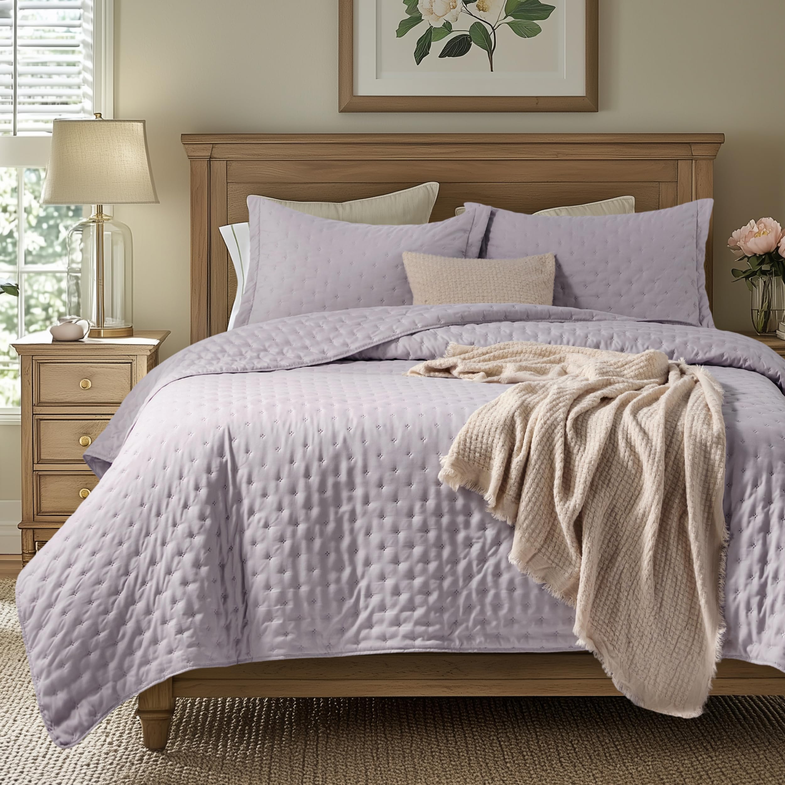 Bedsure King Quilt - Ultra Soft Quilt Bedding for Modern Farmhouse Bedroom Decor, Lightweight All-Season King Size Comforter, Purple Bedspread Coverlet 106x96 Inch Image
