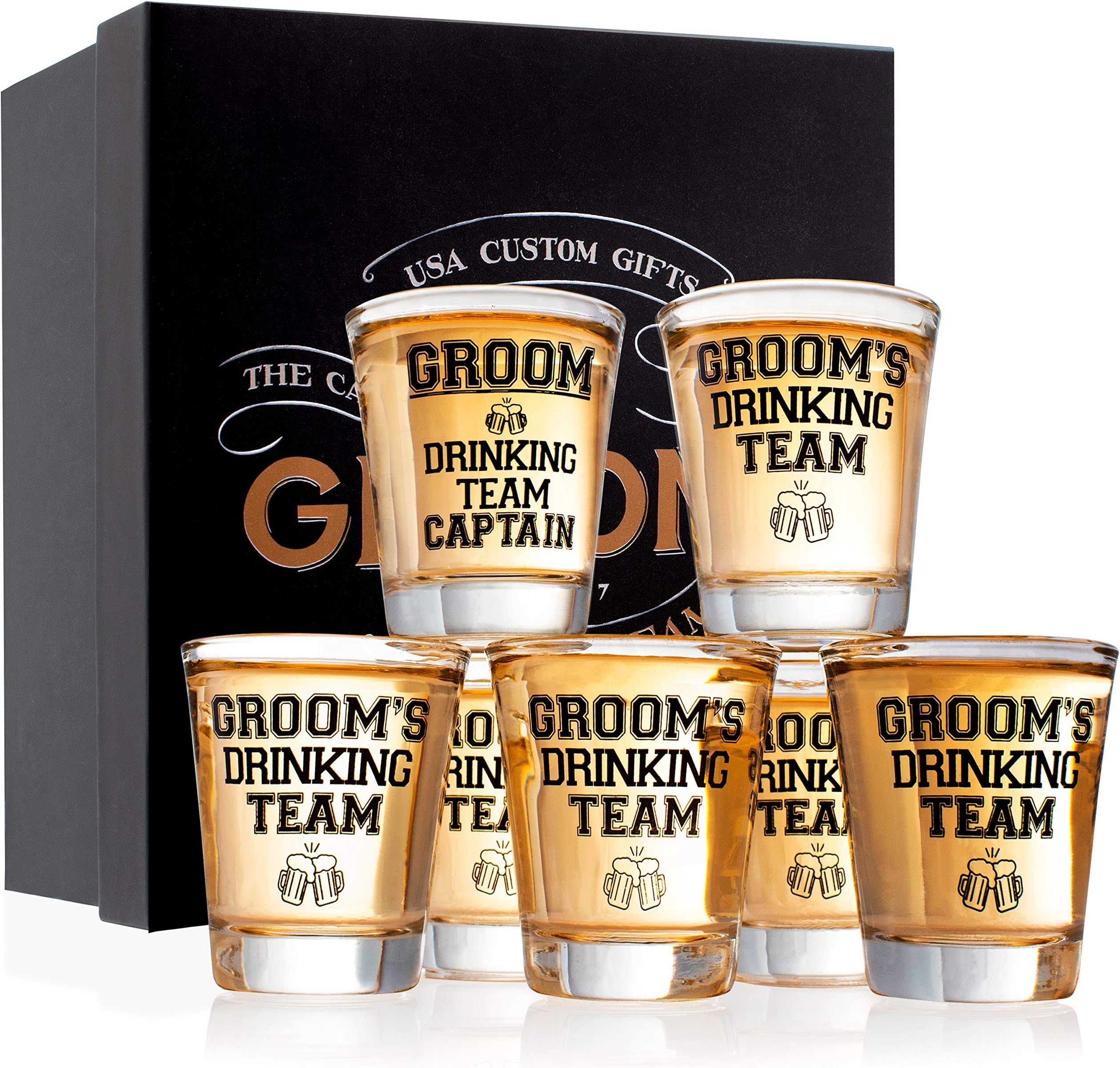 Groomsmen Gifts Groom's Drinking Team Shot Glasses - Pack of 6 Groom's Drinking Team Member + 1 Groom's Drinking Team Captain - 1.5 oz - Bachelor Party Favors