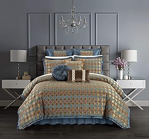 Chic Home Sue 9 Piece Comforter Set Chenille Geometric Scroll Pattern Flange Border Bedding - Bed Skirt Decorative Pillows Shams Included, Queen, Blue