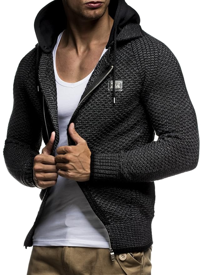 LEIF NELSON Herren Strick-Jacke mit Kapuze Slim Fit Grobstrick | Moderner schwarzer Herren Hoodie-Sweatjacke-Winterjacke Lang