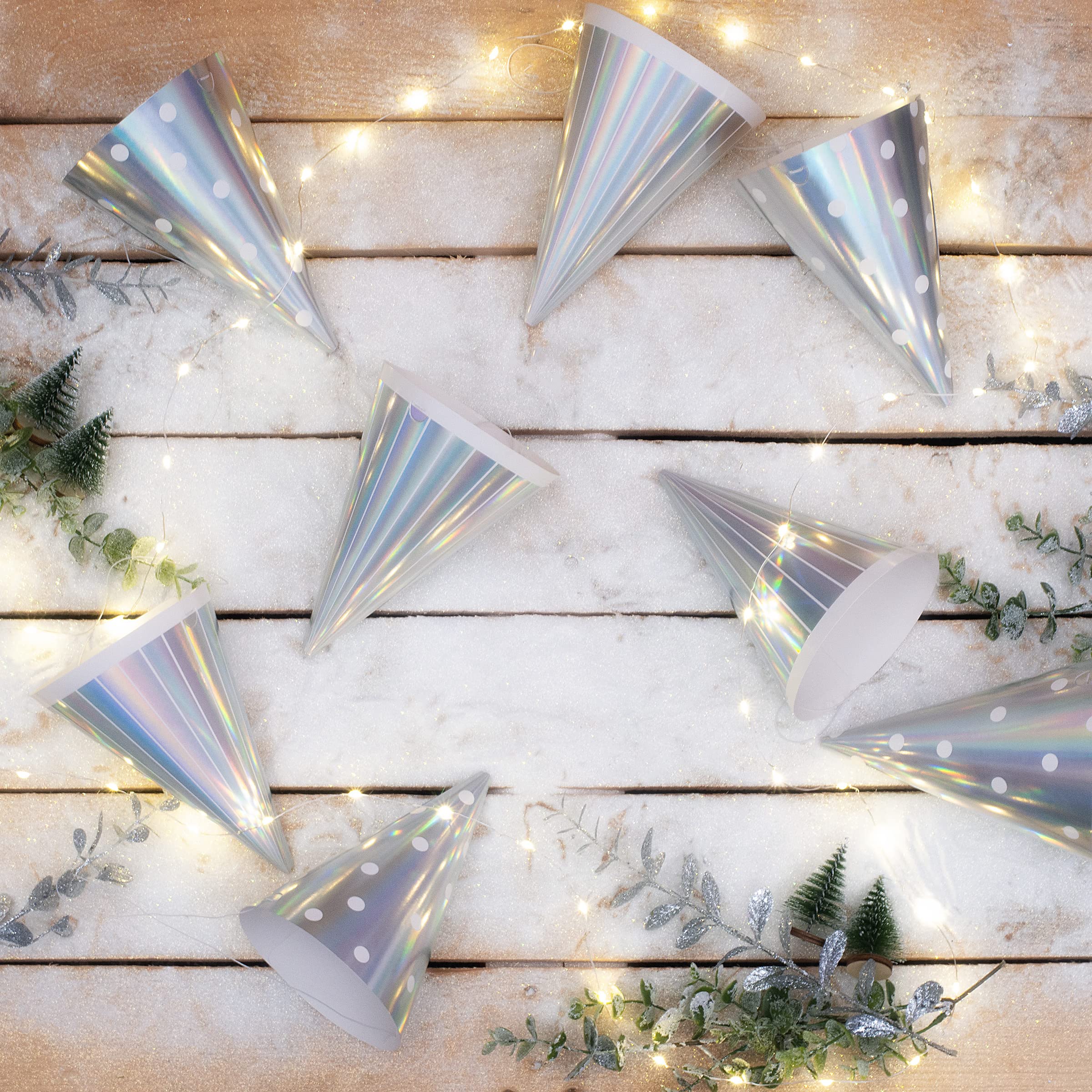 On The Wall Silver Rainbow Foil Party Hats - Queens Jubilee, Street Party, Birthdays, Christmas, New Years Eve Hats - 8 pack