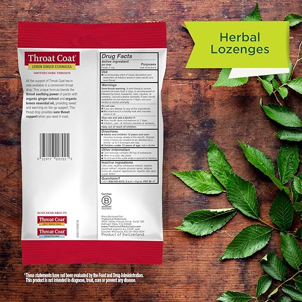 TRADITIONAL MEDICINALS LOZENGES, ORGANIC THROAT COAT LEMON GINGER ECHINACEA, SORE THROAT SUPPORT, 30 INDIVIDUALLY WRAPPED LOZENGES