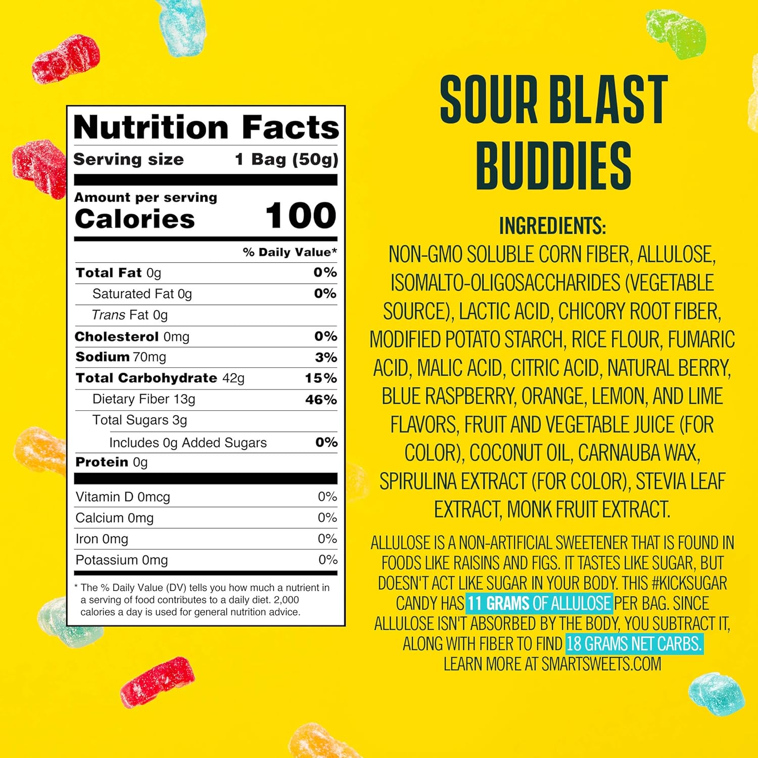 SmartSweets Sour Blast Buddies, Candy with Low Sugar (3g), Low Calorie, Plant-Based, Free From Sugar Alcohols, No Artificial Colors or Sweeteners, 1.8 oz. (Pack of 12) : Grocery & Gourmet Food