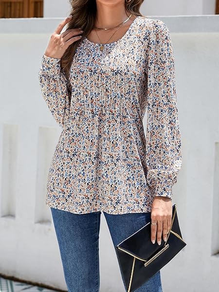 LICEMERE LONG SLEEVE SHIRTS FOR WOMEN FALL FASHION 2025 WOMENS TUNIC TOPS PLEATED CREW NECK PUFF SLEEVE BLOUSES DRESSY CASUAL (FLORAL WHITE,L)