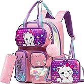 MYHSBYO Cute Cat School Backpacks for Girls Backpack with Lunch Bag for Elmentary Students Kids Travel Bookbag for Girls Age 6-12