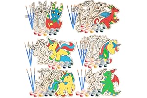 Kids Wood Painting Craft Kit 20 Pack- Xmas Holiday Arts & Crafts Gift for Kids- DIY Unicorns & Dragons Painting Set w/ Brush 