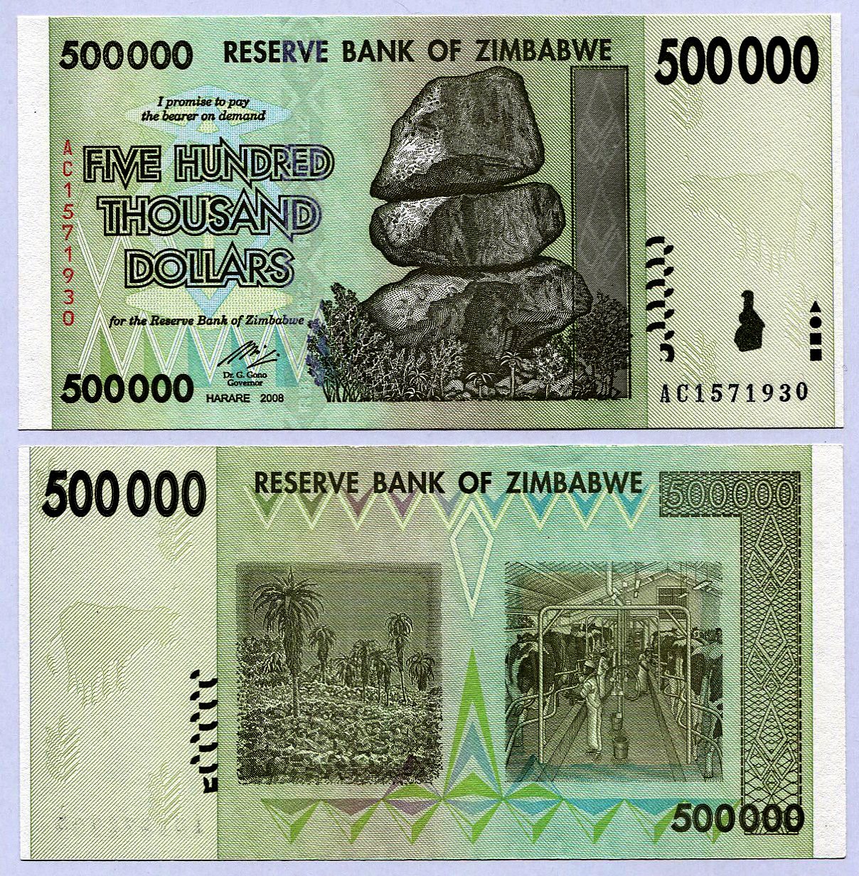 Zimbabwe 500 Thousand Dollars 2008 UNC, World inflation, currency banknotes