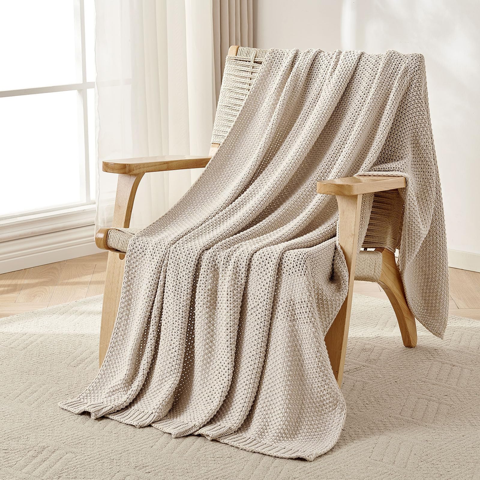 Photo 1 of Joydeco Chunky Cable Knit Throw Blanket, Lightweight 100% Organic Cotton Soft Cozy Throw Twin Blanket for Couch Bed and Sofa, Rustic Breathable Farmhouse Blanket Gift for Women Men(Beige, 51"x63")