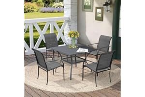 DIFY 5 Pieces Outdoor Dining Table Chair Set, Patio Dining Set with 1 Grey Square Curved Legs Table with and Umbrella Hole & 4 Grey Stackable with Armrests Chairs for Lawn, Garden, Porch