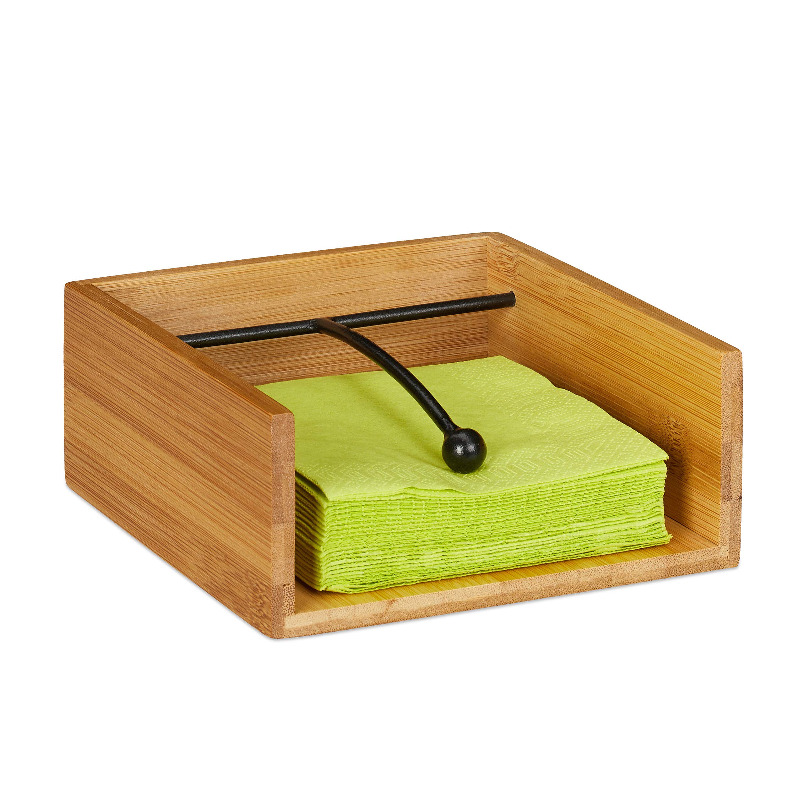 Relaxdays Serviette Holder with Metal Weight Ball, Bamboo, for Napkin Size 25 x 25 cm, Napkin Tray, Natural
