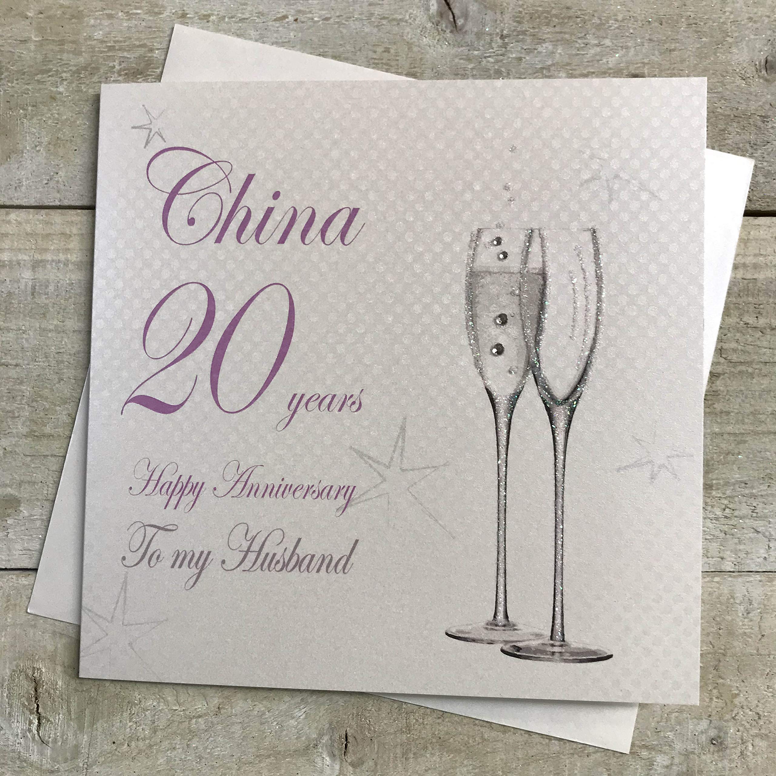 WHITE COTTON CARDS 20th China Wedding Anniversary-To my Husband Handmade Card - Champagne Flutes BD120-H, 16x16cm