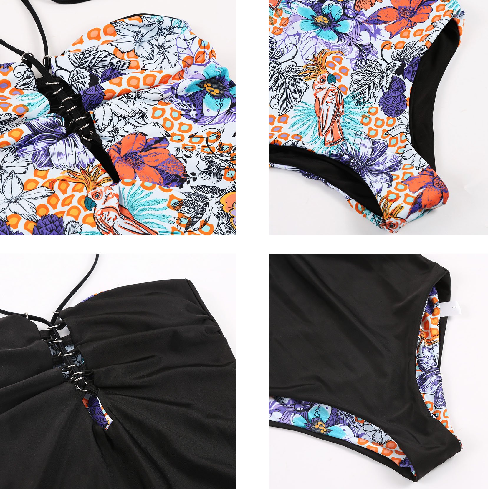 DFXIU Costume Intero Donna da Bagno Retro Tankini Costumi da Mare Sexy Fronte Fiori Blu Nero Donne Monokini Pezzo Intero(EU32-40)