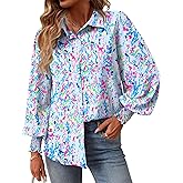 Rapbin Womens Oversized Print Button Down Shirts Dressy Casual Smocked Cuffed Long Sleeve Collared Blouses with Pocket