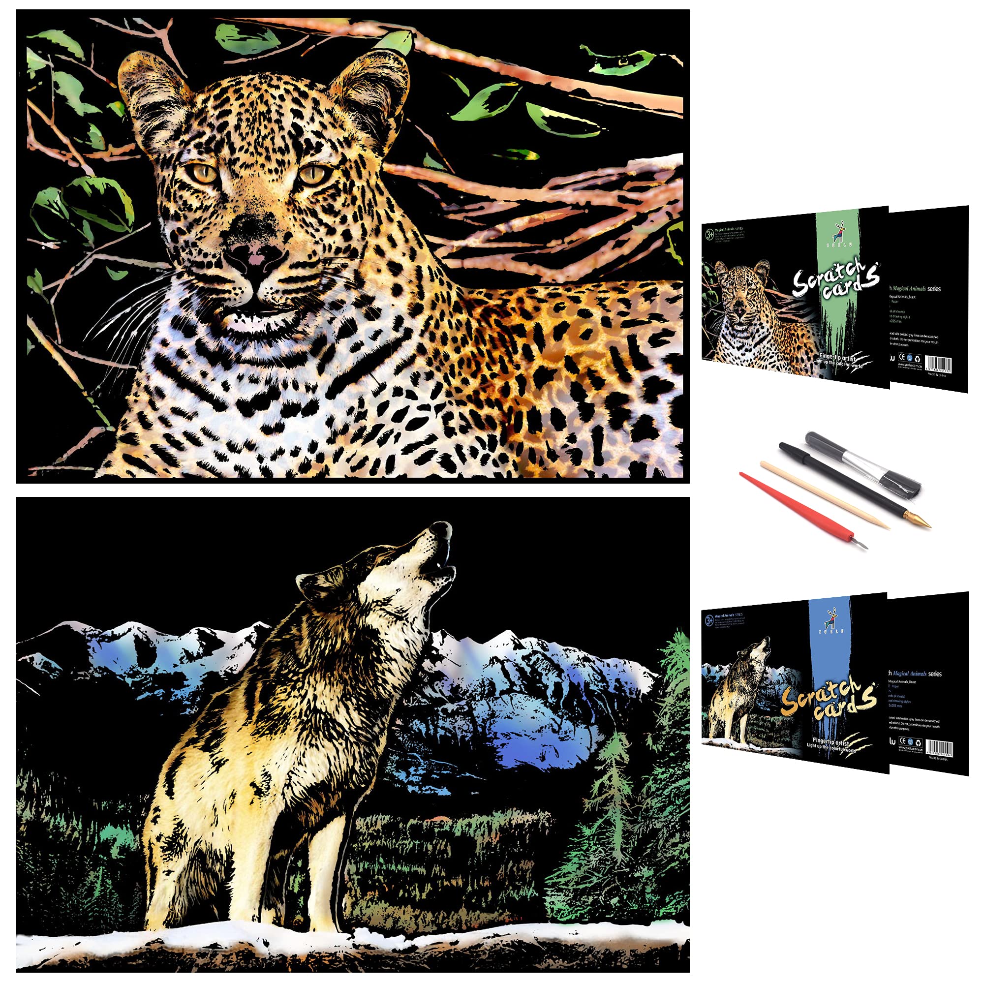 SiYear Scratch Painting Art Paper,Animal Series Scratchboard for Adults, Gifts&Arts Craft Kits with 4 Tools,Size:16''x11'' (Wolf & Cheetah)