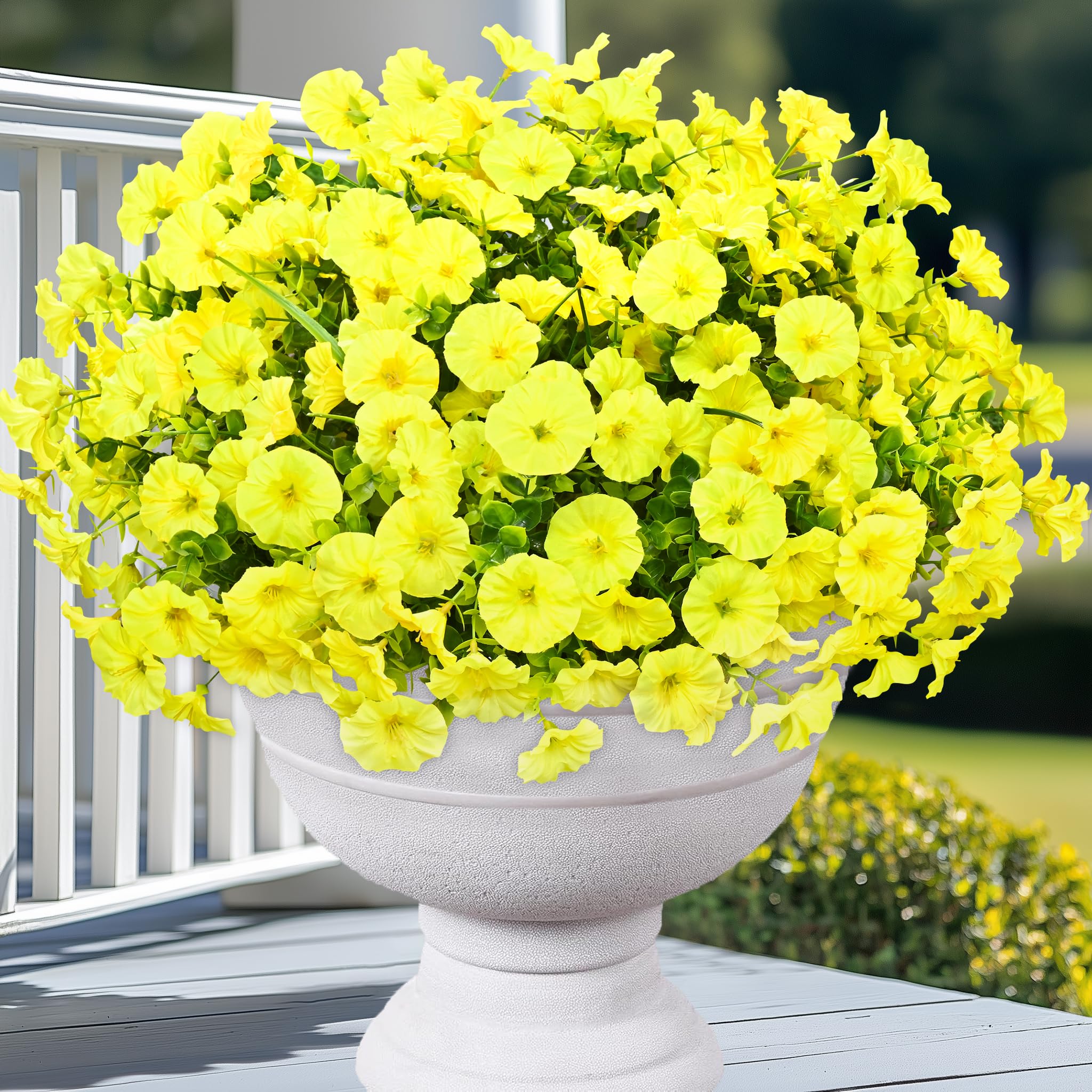 Yastouay Artificial Flowers for Outdoors, 26 Bundles Fake Outdoor Flowers, UV Resistant Artificial Plants & Flowers for Decoration, Yellow Realistic Morning Glory for Outdoor Porch Garden Decoration