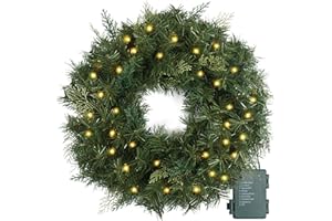 HOMEKAREN Christmas Wreath Pre-lit 24 inch with 50 Led & Cupressus Tips, Battery Operated Artificial Christmas Wreaths for Front Door with Timer Lights, Wreath for Christmas Decoration Door Windows Wall Green
