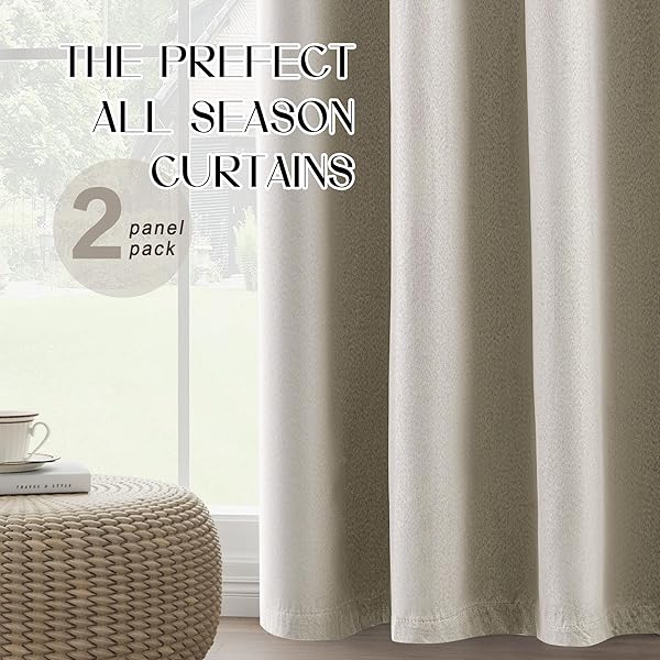 LCOOMZEN 100% BLACKOUT NATURAL LINEN CURTAINS 84 INCH LENGTH 2 PANELS SET FOR BEDROOM, NOISE REDUCING THERMAL INSULATED LIGHTWEIGHT COMPLETELY BLACKOUT GROMMET DRAPES, NATURAL, W52 X L84, 2 PANELS