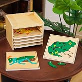 Premium Montessori Animal Puzzle Cabinet with 6 Puzzles 15" Horse Fish Turtle Bird Frog Ant&ndash; Wooden Zoology Biology Materials for Kids, Educational Toys for Kids Toddler Classroom Homeschool Learning