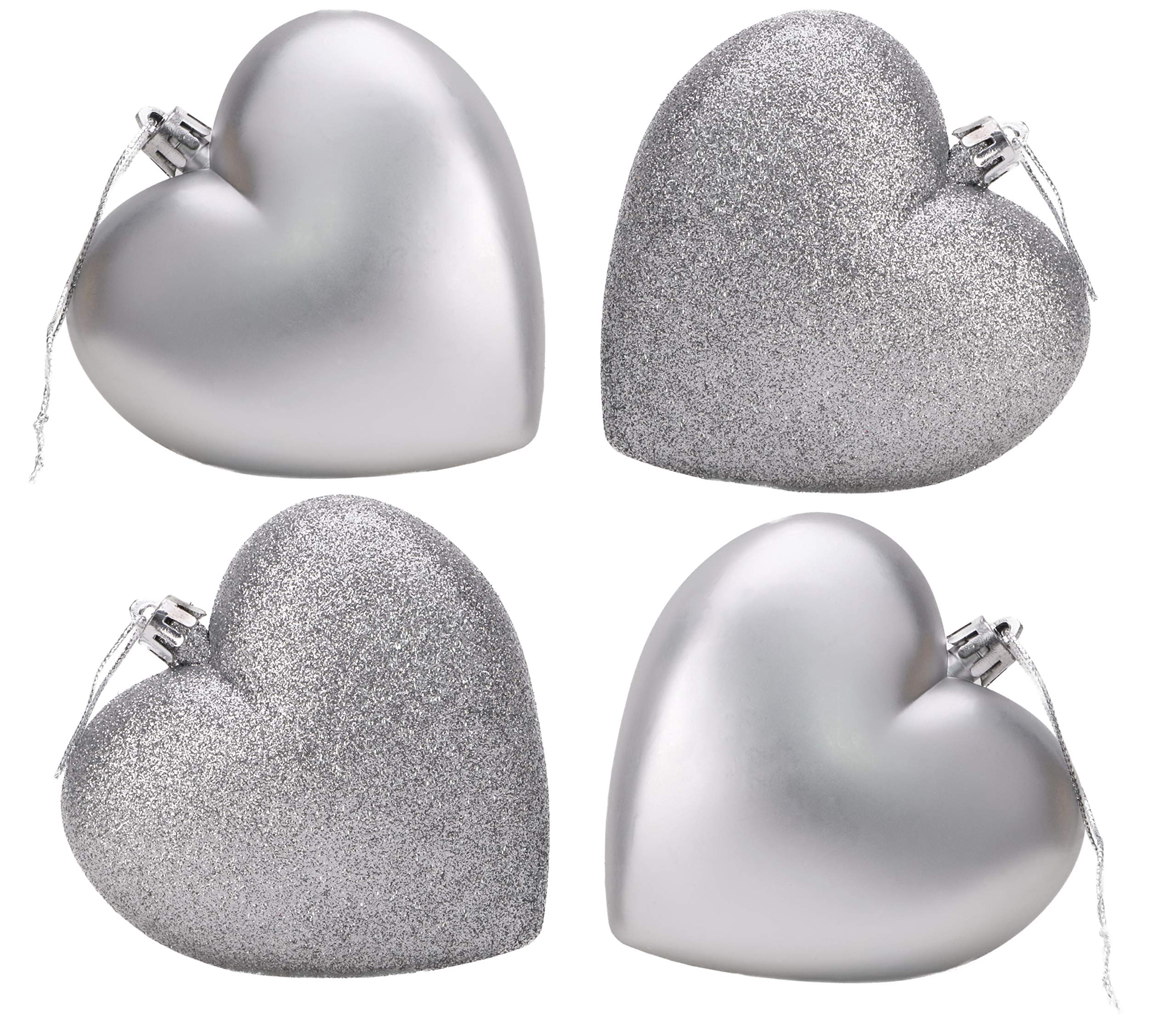Christmas Concepts® 4-100mm Heart Shaped Baubles - Matte & Glitter Design - Christmas Decoration (Silver)