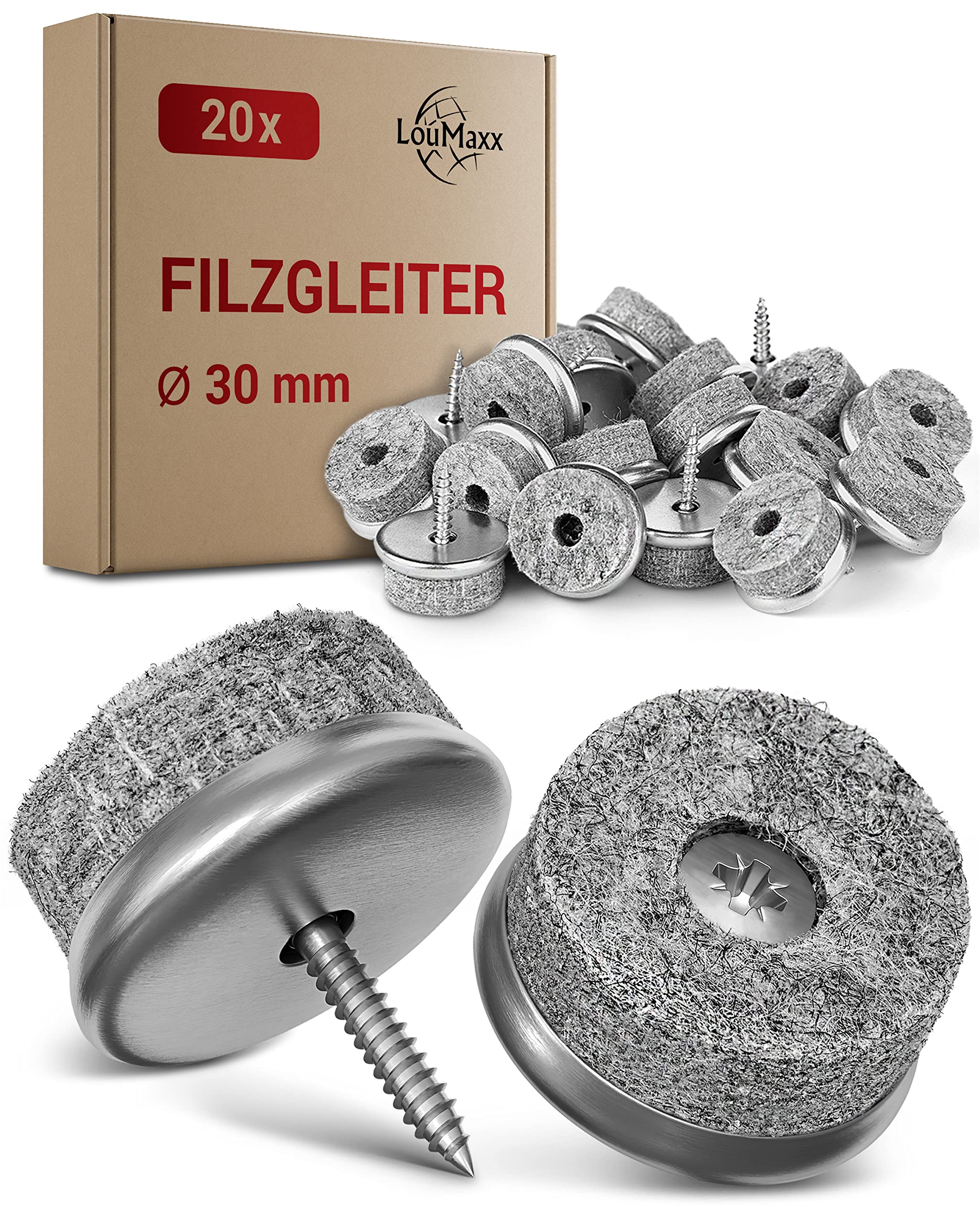 LouMaxx Felt Gliders screwable Ø 30 mm - Chair Glides with 6 mm Thick Felt and Metal Edging - Felt Glides for Screwing - Premium Felt Glides for Chairs and Furniture - Set of 20 Floor Gliders in Grey