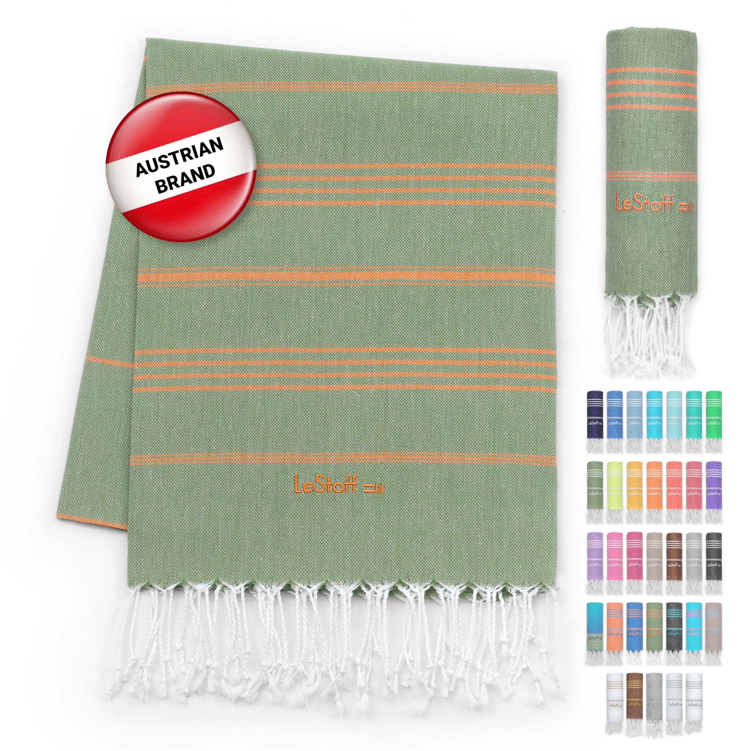 LeStoff Turkish Hammam Towel – 100% organic cotton, 95 x 180 cm, Pre-washed, Absorbent, Quick-drying, Lightweight, Turkish Towel, Hammam Beach Towel, Gym Towel, Beach Throw, Sauna Towel (Olive-Orange) — image 1