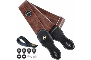Nefelibata Guitar Strap with Pick Pocket, 2.3 inch Soft Vegan Leather Guitar Straps, 60s Vintage Style（Brown）