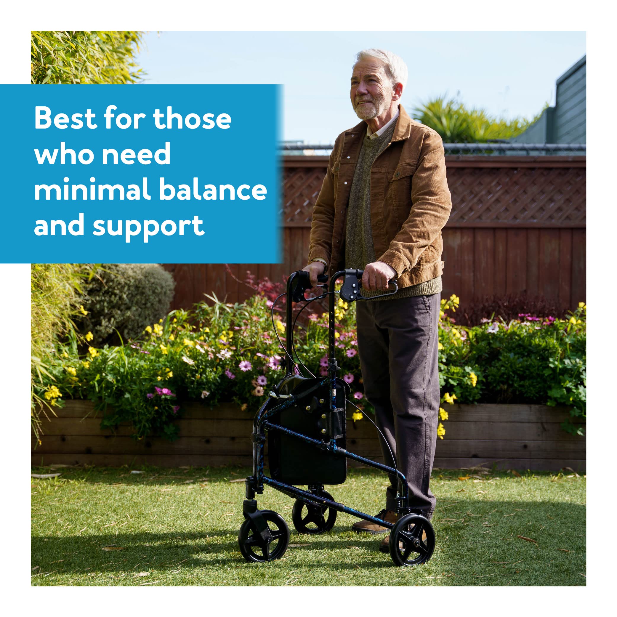 Carex 3 Wheel Walker for Seniors, Foldable, Rollator Walker with Three Wheels, Three Wheel Rolling Walker Height Adjustable for Seniors, Blue, Trio, Folding