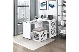 Lexicon Space-Saving Home Office Wood Desk Set, Modern Makeup Vanity Desk with Padded Vanity Stool, USB Charging Port, Nesting Table, Rolling Small Computer Table for Writing/Study/Bedroom, White