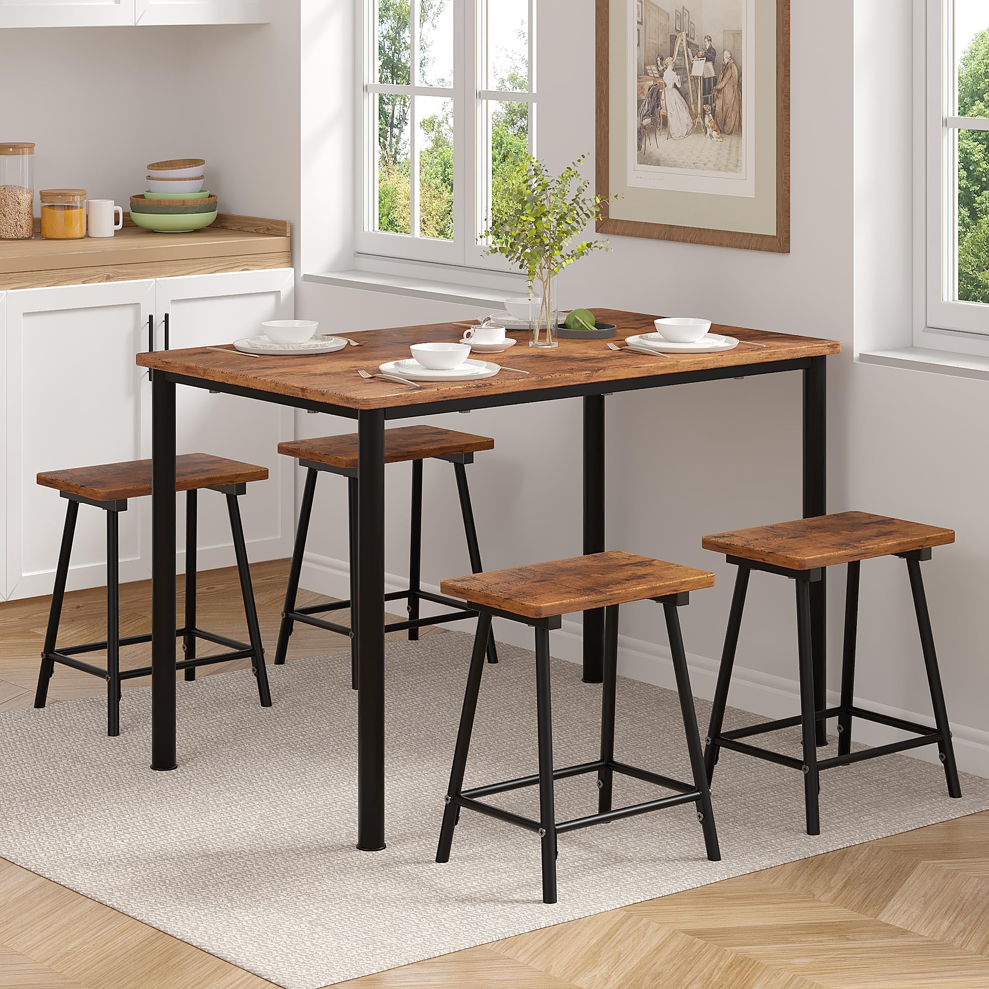 Photo 1 of ** MISSING SOME HARDWARE*** VECELO Kitchen Table and Chairs for 4, Dining Room Set with Chairs/Stools, Heavy-Duty Metal Frame with Wooden Tabletop for Small Spaces, Easy Assembly, Antique Brown