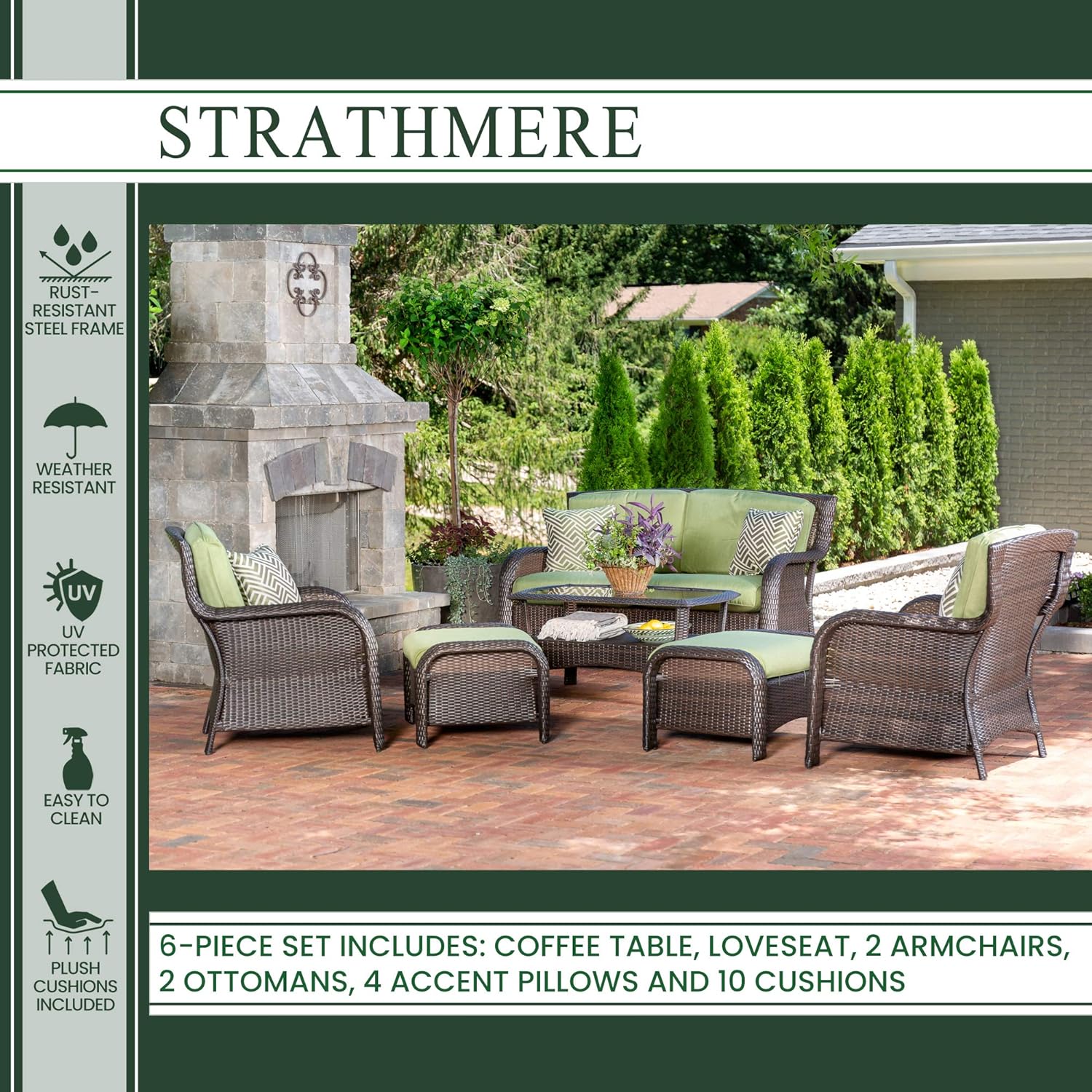 Hanover Strathmere 6-Piece Outdoor Patio Conversation Set, 2 Side Chairs with Ottomans, Loveseat and Tempered Glass Coffee Table, with Hand-Woven Wicker and Thick Cilantro Green Cushions, STRATHMERE6PC : Patio Loveseats : Garden & Outdoor