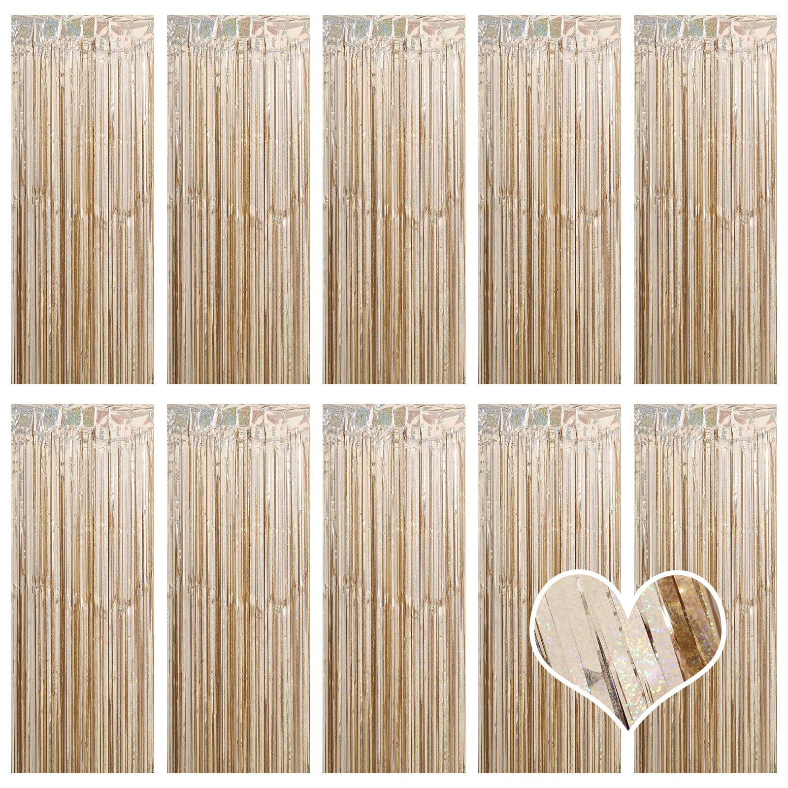 Photo 1 of 10 Pack Champagne Gold Backdrop Curtain 3.2ft x 8.2ft Metallic Tinsel Foil Fringe Curtains Photo Booth Background for Birthday Party Decoration Engagement Wedding Christmas Decor (Champagne Gold)